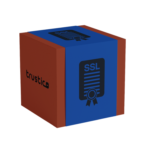 A 3D-rendered box with blue and brown sides features an SSL certificate icon and ribbon on the blue side, symbolizing domain validation for Sectigo CA’s PositiveSSL DV Single Site, with "trustic" in black on the brown side.