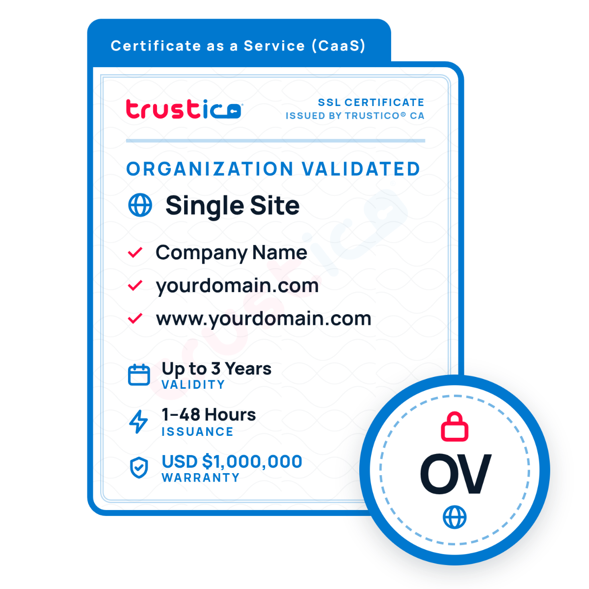 Trustico® CaaS OV Single Site feature card listing validities, issuance time, and warranty, with an overlaid badge showing a lock icon and the text OV above a globe icon.