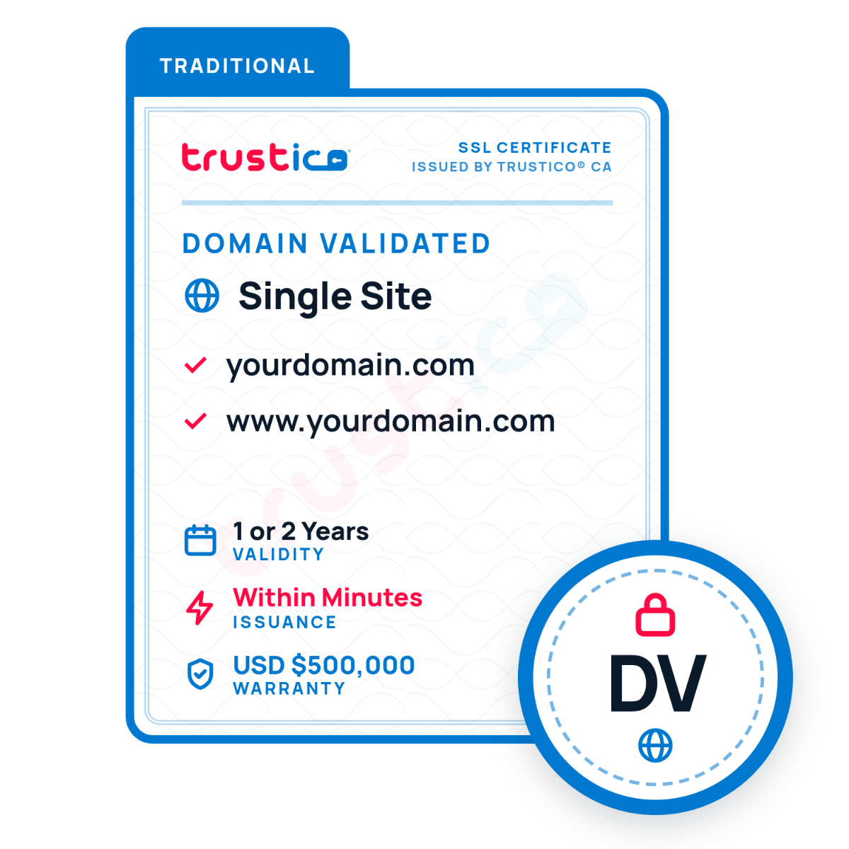 A Trustico® DV Single Site certificate graphic from Trustico CA highlights validation for one domain, example domains, fast issuance within minutes, and a $500,000 warranty. This DV Single Site SSL Certificate delivers robust website encryption for your domain. In the bottom right corner is a blue Domain Validation SSL badge featuring a padlock and globe icon.