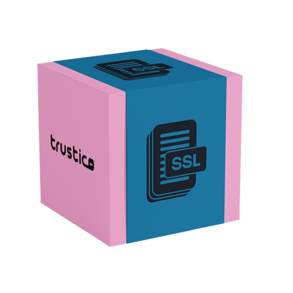 A 3D cube with pink sides and blue faces displays a stack of documents labeled "SSL" to highlight Multi Domain Certificate support, featuring the Trustico® EV + Multi Domain - Additional SAN from Trustico CA.