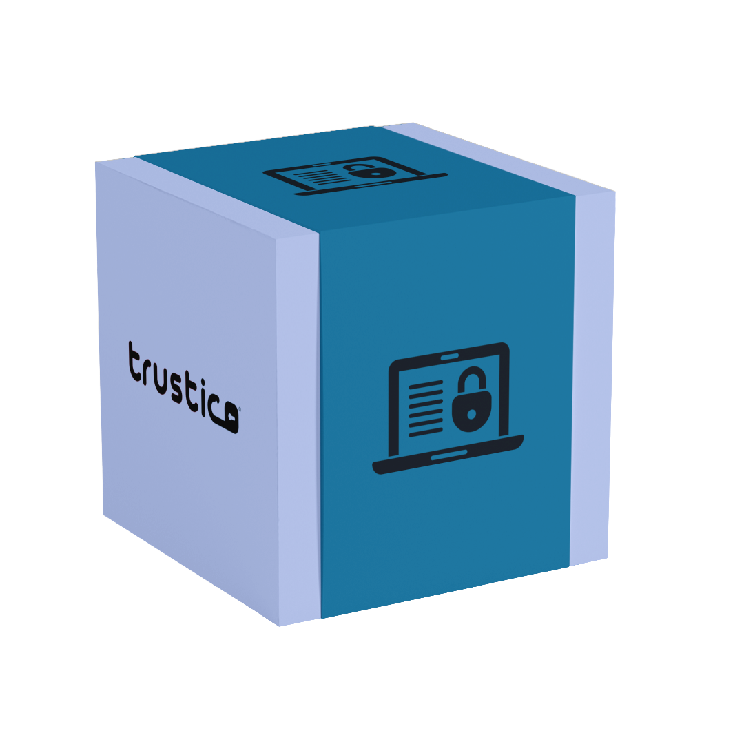 A blue and white cube features a laptop with a padlock, representing digital security via Sectigo® EV + Multi Domain - Additional SAN from Sectigo CA. Another side shows "trustica" with a padlock as the “a,” highlighting advanced SSL protection.