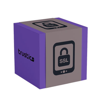 A 3D cube with purple sides and grey faces displays a padlock icon labeled "Trustico® OV Single Site" by Trustico CA, featuring the word trustic with a small padlock, representing website protection and online security.