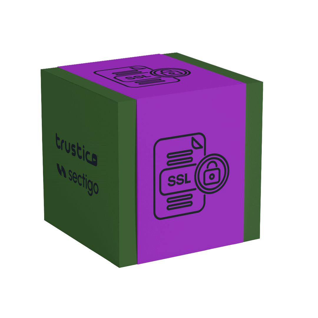 A green and purple cube featuring icons - including an SSL certificate symbol and padlock - accompanied by the words “trustico” and “Sectigo® CA” on the left side, emphasizes support for Subject Alternative Names (SAN) and highlights the security provided by the Sectigo® DV + Multi Domain - Additional SAN certificate.