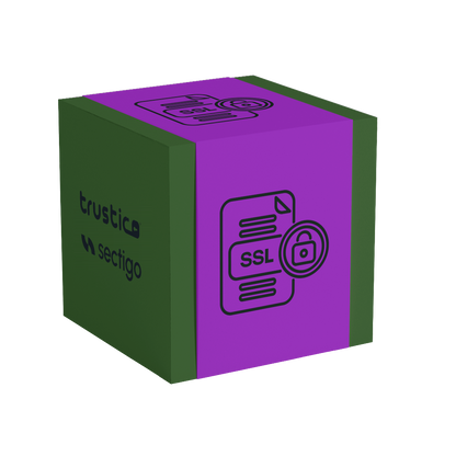 A green and purple cube featuring icons - including an SSL certificate symbol and padlock - accompanied by the words “trustico” and “Sectigo® CA” on the left side, emphasizes support for Subject Alternative Names (SAN) and highlights the security provided by the Sectigo® DV + Multi Domain - Additional SAN certificate.