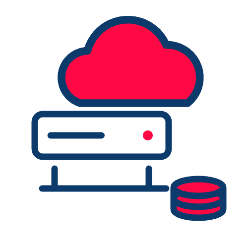 A simplified icon of a red cloud above a server, with stacked disks beside it, representing cloud computing or cloud data storage, visually depicts the Trustico® Online Security Webhost Basic Plan for web hosting and SSL Certificates.